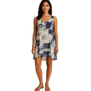 Model France Blue White Semi Sheer Gauze Boho Mini Tunic Dress/Cover Up - Sz M